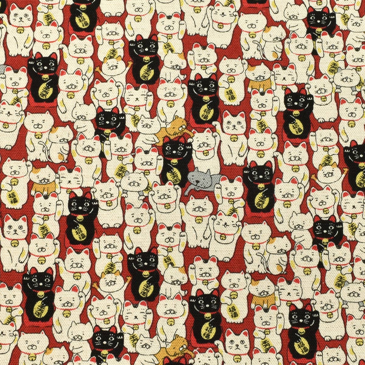 招きにゃんこ　綿麻キャンバス生地　KTS7106　コットンこばやし　(30cm以上10cm単位切り売り)