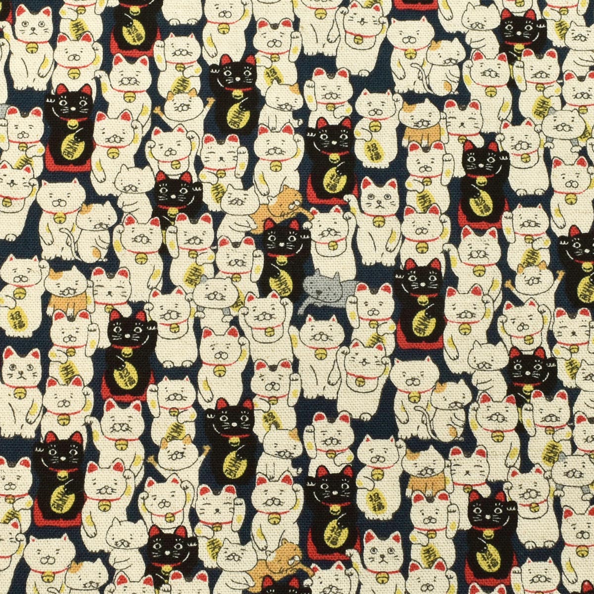 招きにゃんこ　綿麻キャンバス生地　KTS7106　コットンこばやし　(30cm以上10cm単位切り売り)