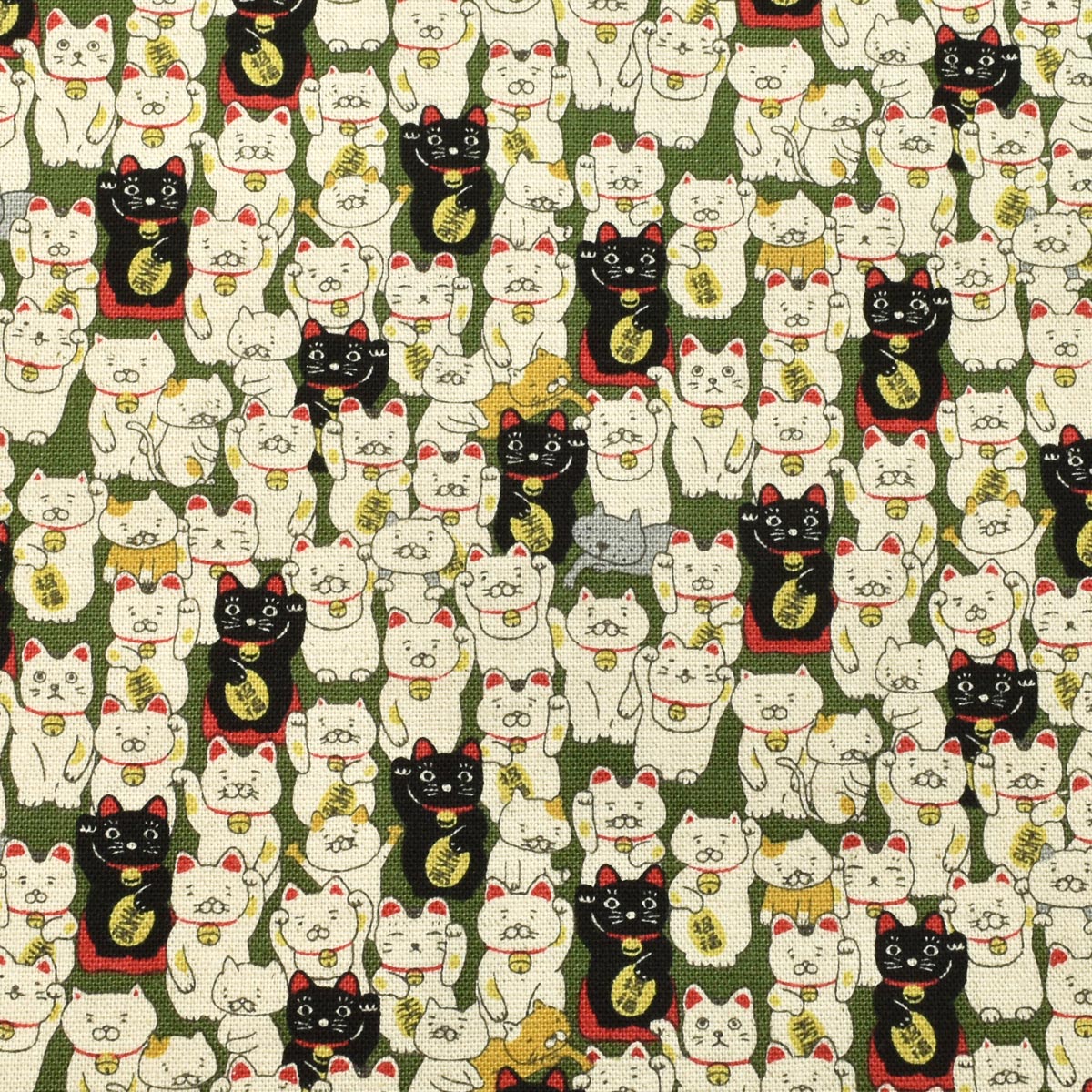 招きにゃんこ　綿麻キャンバス生地　KTS7106　コットンこばやし　(30cm以上10cm単位切り売り)
