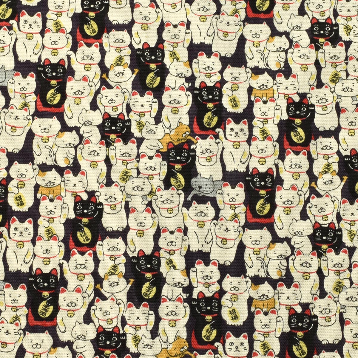招きにゃんこ　綿麻キャンバス生地　KTS7106　コットンこばやし　(30cm以上10cm単位切り売り)