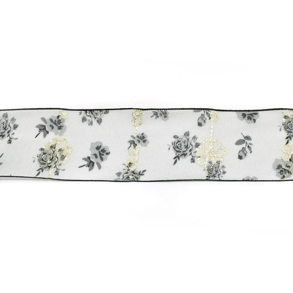 花飾りの刺繍とシアーローズリボン　幅48mm　1m単位　切り売り