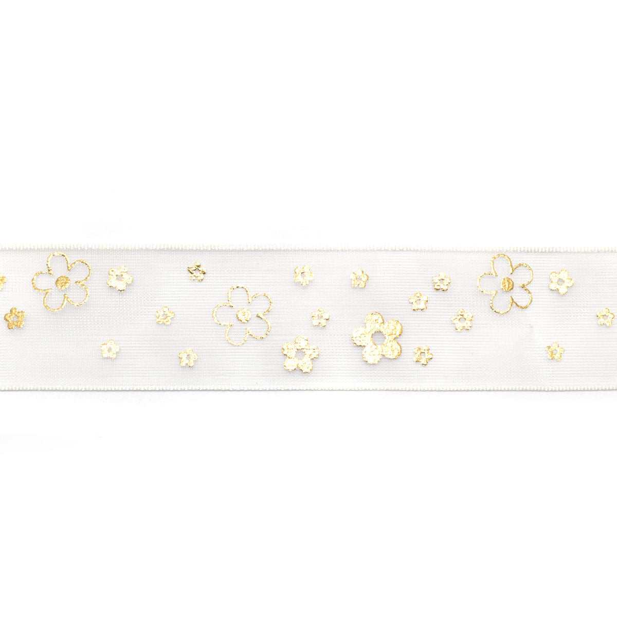 プリントリボン　箔押し　ゴールドプリントオーガンジーリボン　幅25mm　1m単位　切り売り　(2m以上)