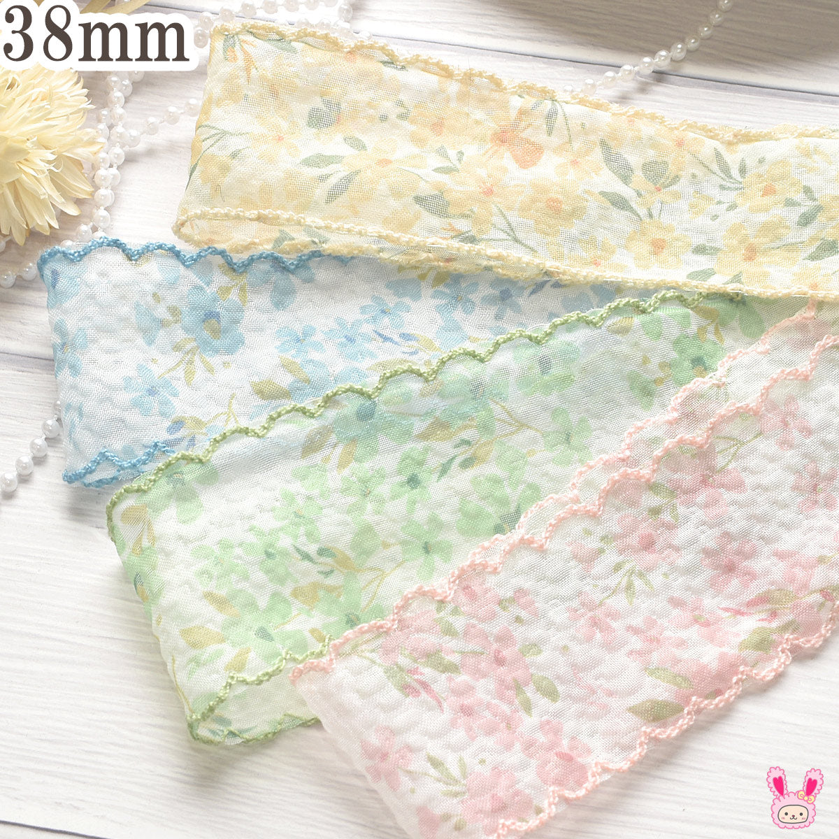 シボ加工ふんわりスカラップの花柄シアーリボン幅38mm1m単位切り売り(2m以上)