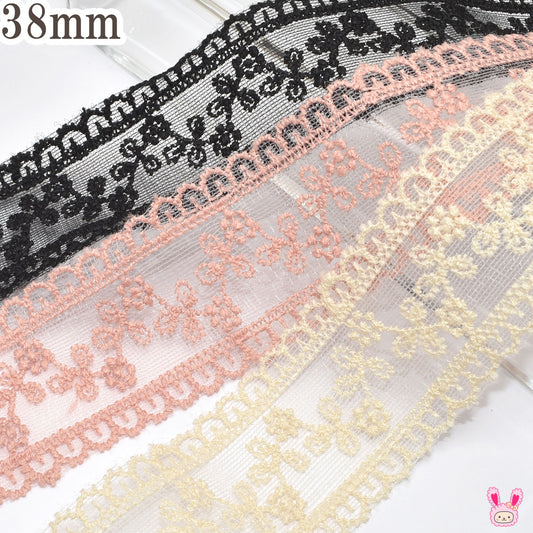 お花のラインのシアーメッシュ刺繍リボン幅38mm1m単位切り売り(2m以上)
