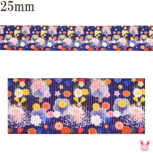 プリントリボンミニミニ夜の花祭りリボン幅25mm1m単位切り売り(3m以上)