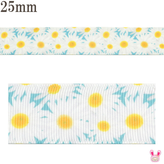 プリントリボンブルースカイと白いお花リボン幅25mm1m単位切り売り(3m以上)