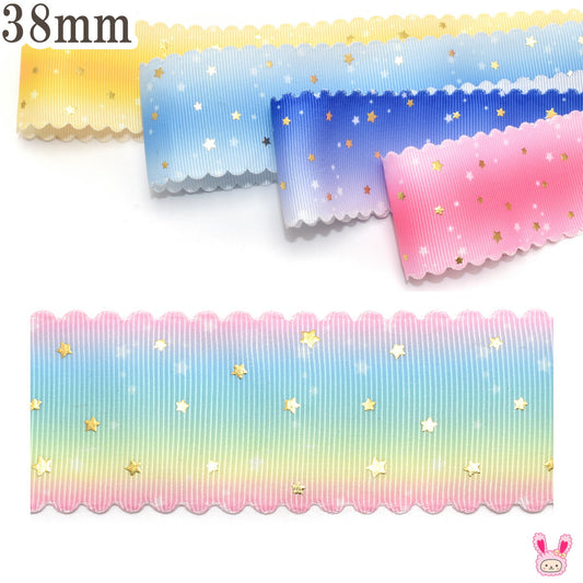 プリントリボンゆめかわスカラップと箔押しスターリボン幅38mm1m単位切り売り