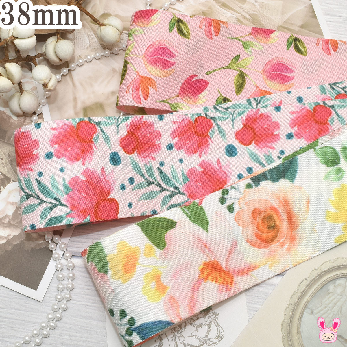 鮮やかな水彩花柄ファブリックリボン幅38mm1m単位切り売り