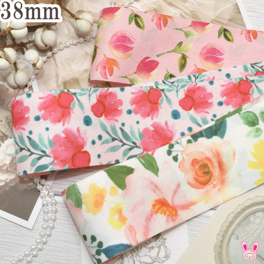 鮮やかな水彩花柄ファブリックリボン幅38mm1m単位切り売り