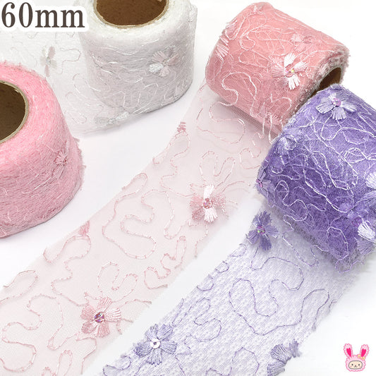 スパンコール付きフラワー刺繍シアーチュールリボン幅60mm1m単位切り売り(2m以上)「在庫限り」