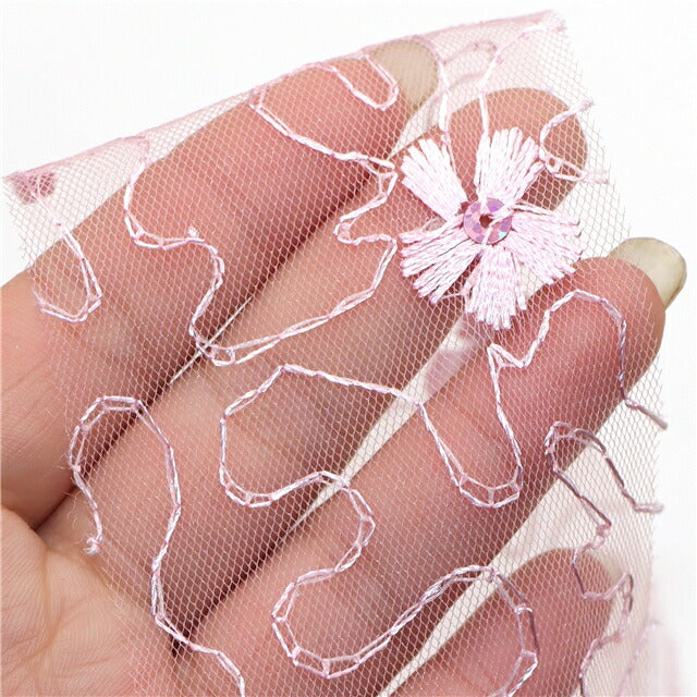 スパンコール付きフラワー刺繍シアーチュールリボン幅60mm1m単位切り売り(2m以上)「在庫限り」
