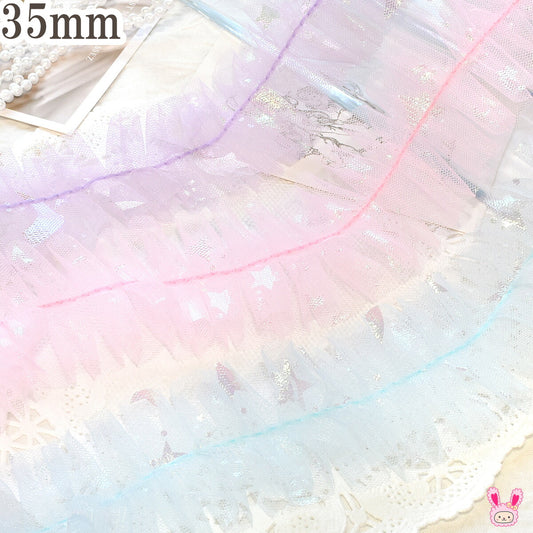 ゆめかわ星と月のプリーツチュールリボン幅35mm1m単位切り売り(2m以上)