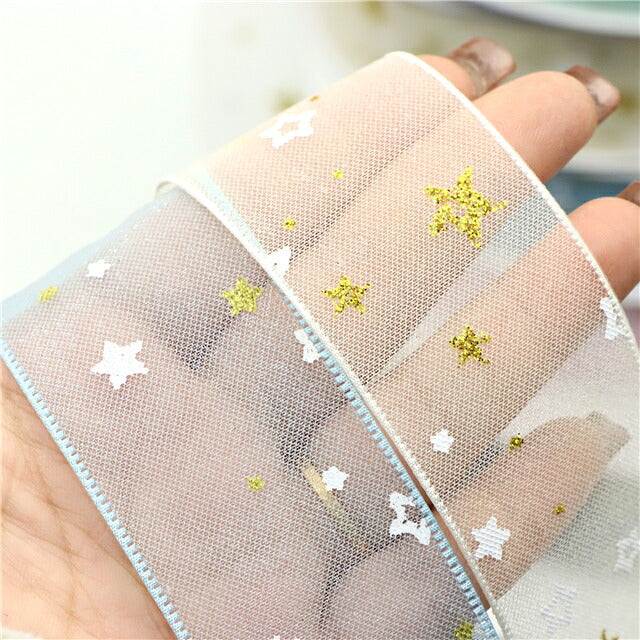 ラメとゆめかわスターシアーリボン幅38mm1m単位切り売り(3m以上)