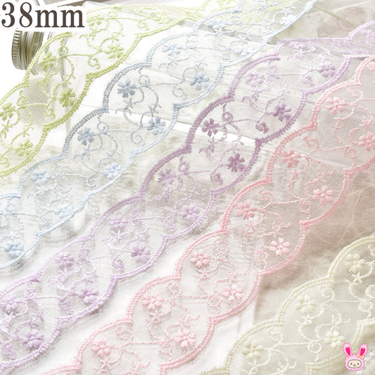 上品な花模様のスカラップシアーリボン幅38mm1m単位切り売り