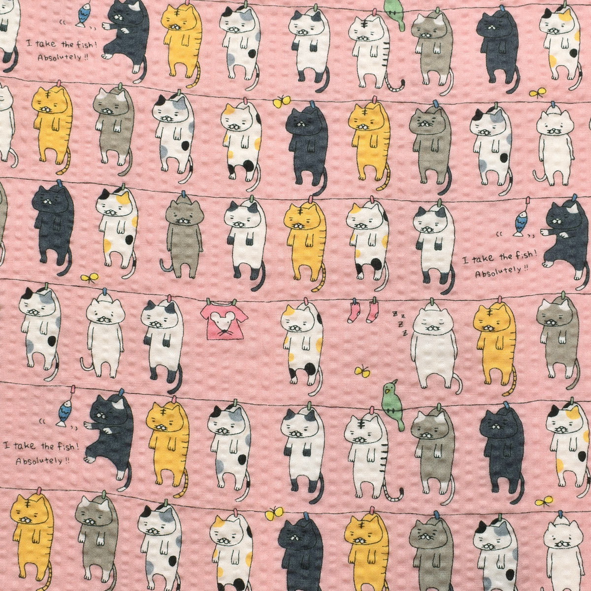 ねこの洗濯干し　ポプリンリップル生地　 KTS7086　コットンこばやし　(30cm以上10cm単位切り売り)☆