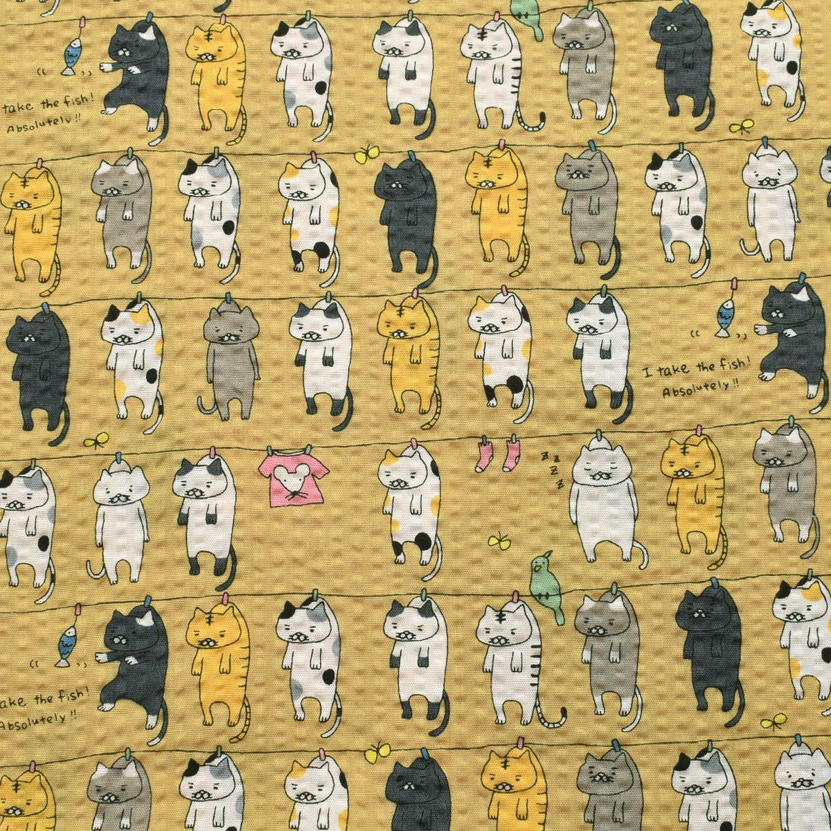 ねこの洗濯干し　ポプリンリップル生地　 KTS7086　コットンこばやし　(30cm以上10cm単位切り売り)☆