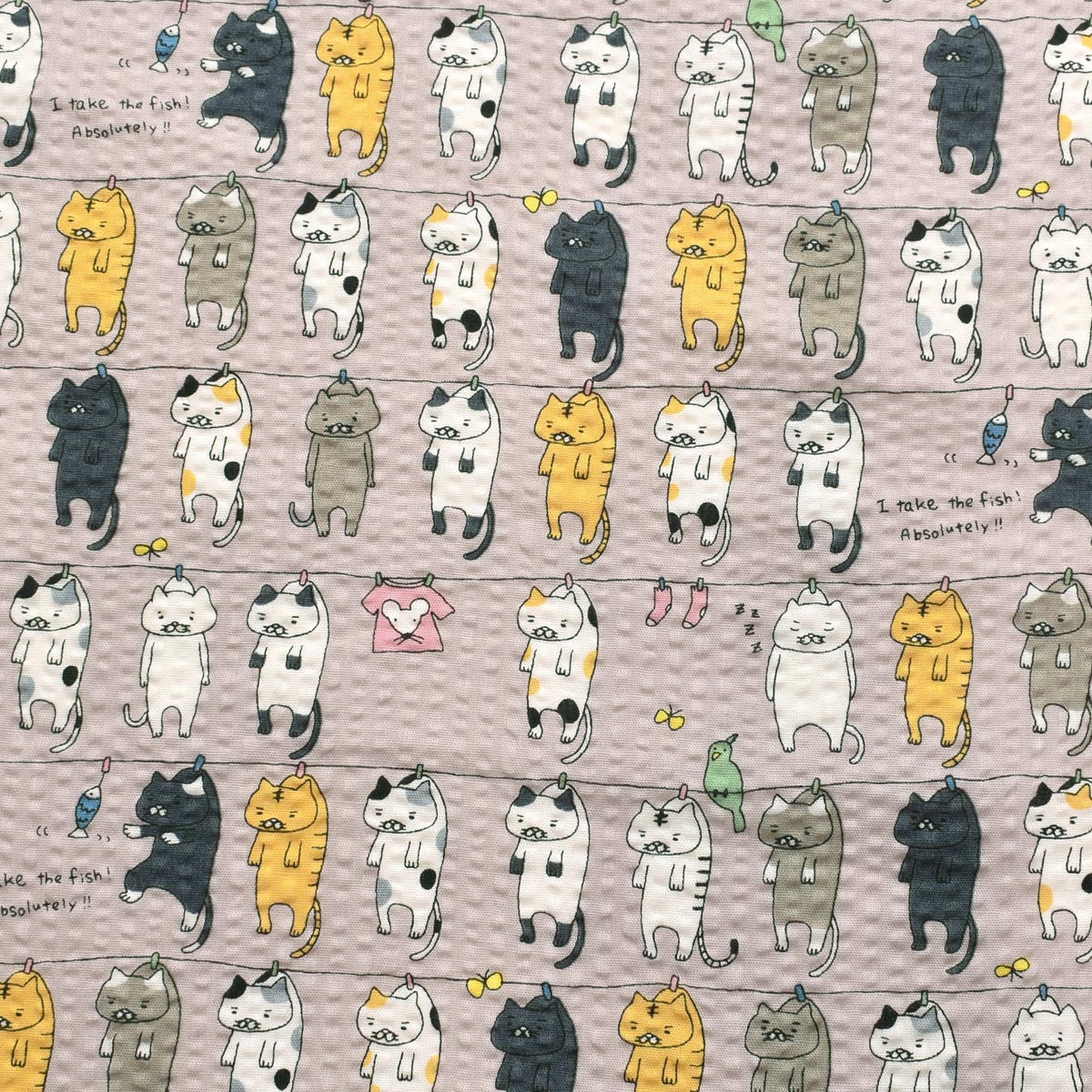 ねこの洗濯干し　ポプリンリップル生地　 KTS7086　コットンこばやし　(30cm以上10cm単位切り売り)☆