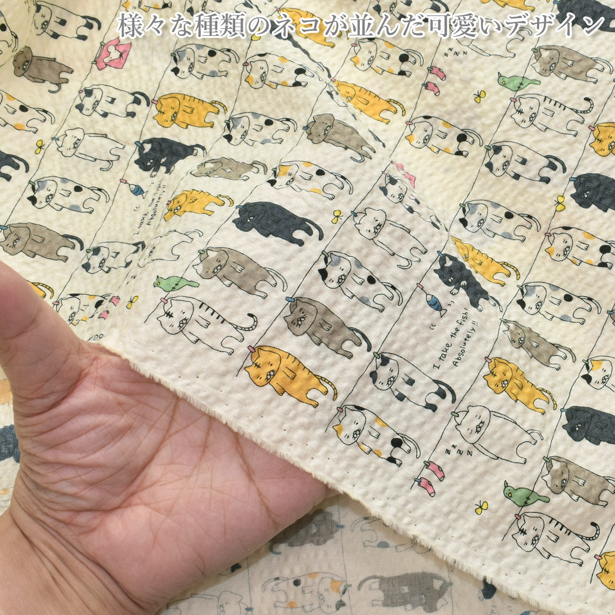 ねこの洗濯干しポプリンリップル生地KTS7086コットンこばやし(30cm以上10cm単位切り売り)☆