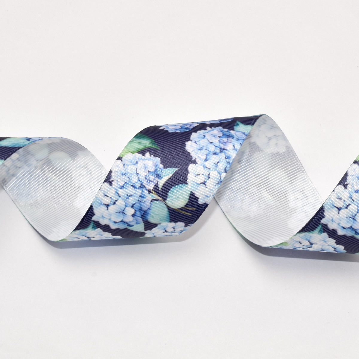 プリントリボンブルーの紫陽花リボン幅38mm1m単位切り売り(2m以上)