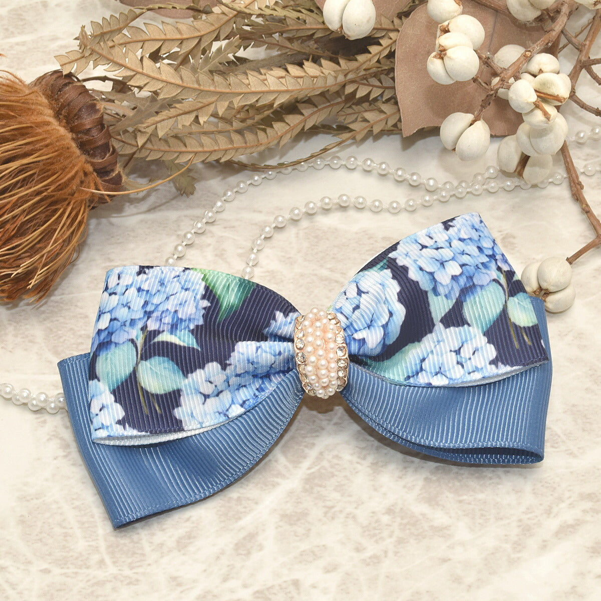 プリントリボンブルーの紫陽花リボン幅38mm1m単位切り売り(2m以上)