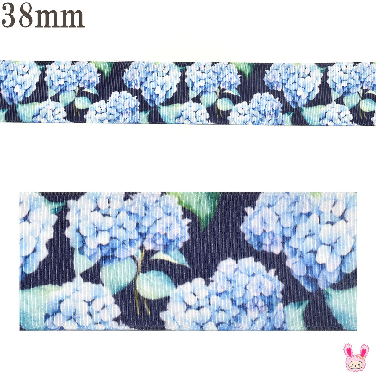 プリントリボンブルーの紫陽花リボン幅38mm1m単位切り売り(2m以上)