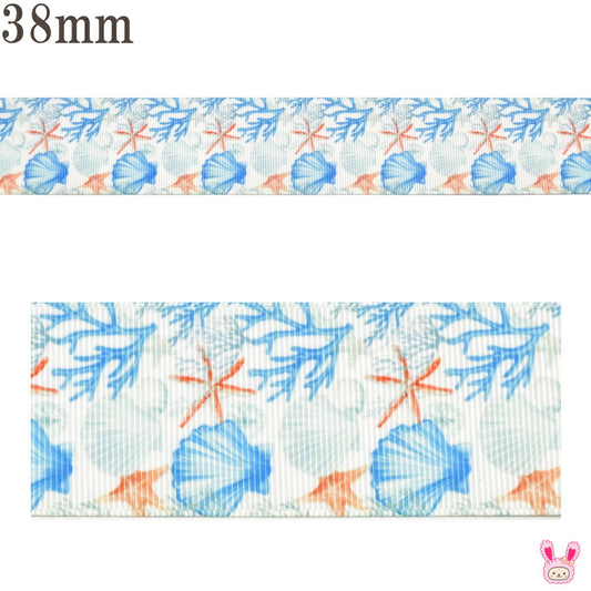 プリントリボンサンゴと貝の海底リボン幅38mm1m単位切り売り(2m以上)