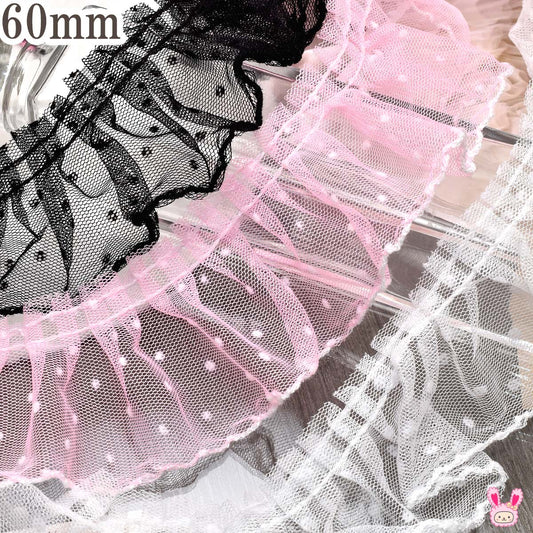 ふわふわ糸のスカラップ水玉チュールプリーツ幅60mm1m単位切り売り