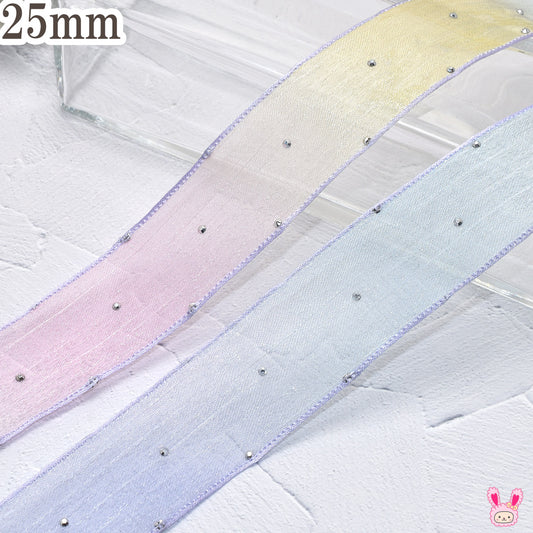 シルバーストーンとグラデーションシアーリボン幅25mm1m単位切り売り(3m以上)「在庫限り」