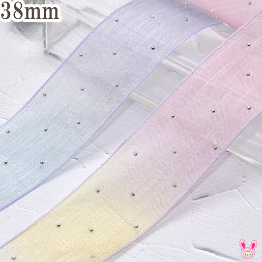 シルバーストーンとグラデーションシアーリボン幅38mm1m単位切り売り(3m以上)