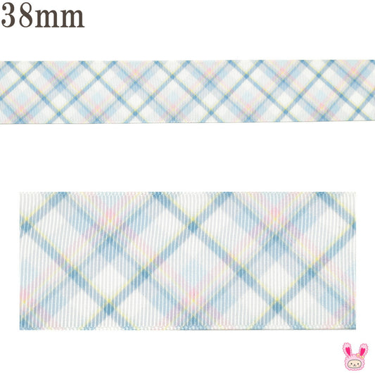 プリントリボンくすみカラーのレトロチェックリボン幅38mm1m単位切り売り(2m以上)