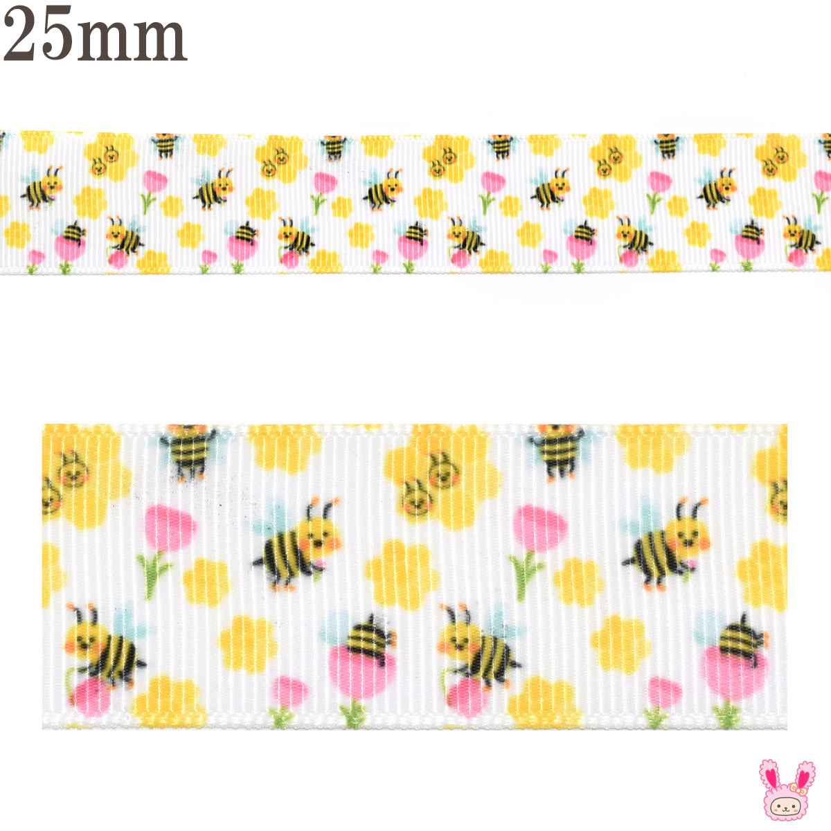 プリントリボンゆるかわミツバチのリボン幅25mm1m単位切り売り(3m以上)