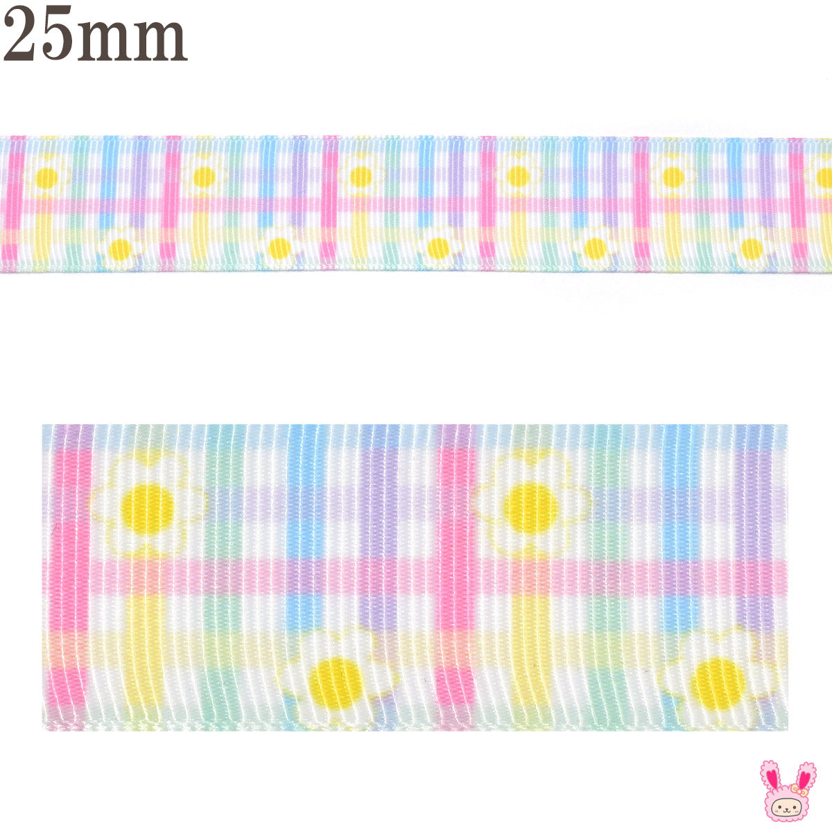 プリントリボンカラフルチェックとかわいいお花リボン幅25mm1m単位切り売り(3m以上)
