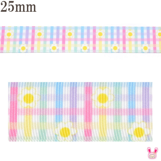 プリントリボンカラフルチェックとかわいいお花リボン幅25mm1m単位切り売り(3m以上)