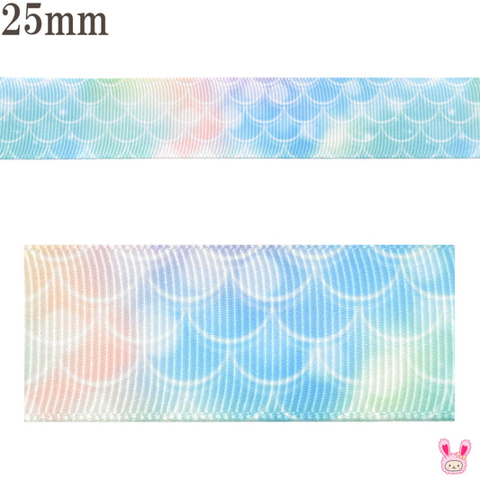 プリントリボンパステルマリンな人魚リボン幅25mm1m単位切り売り(3m以上)
