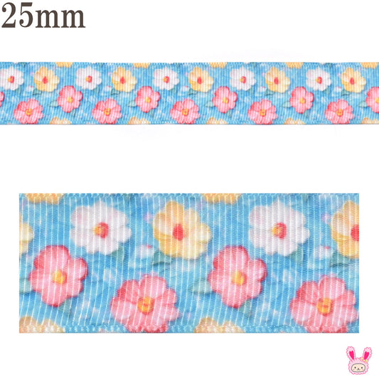 プリントリボントロピカルお花と水面リボン幅25mm1m単位切り売り(3m以上)