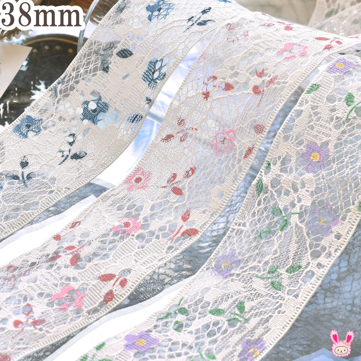 レース合わせの花柄シアーリボン幅38mm1m単位切り売り(2m以上)