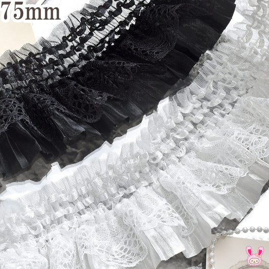 トリプルフリルレースリボンストレッチ素材幅75mm10cm単位切り売り（50cm以上）