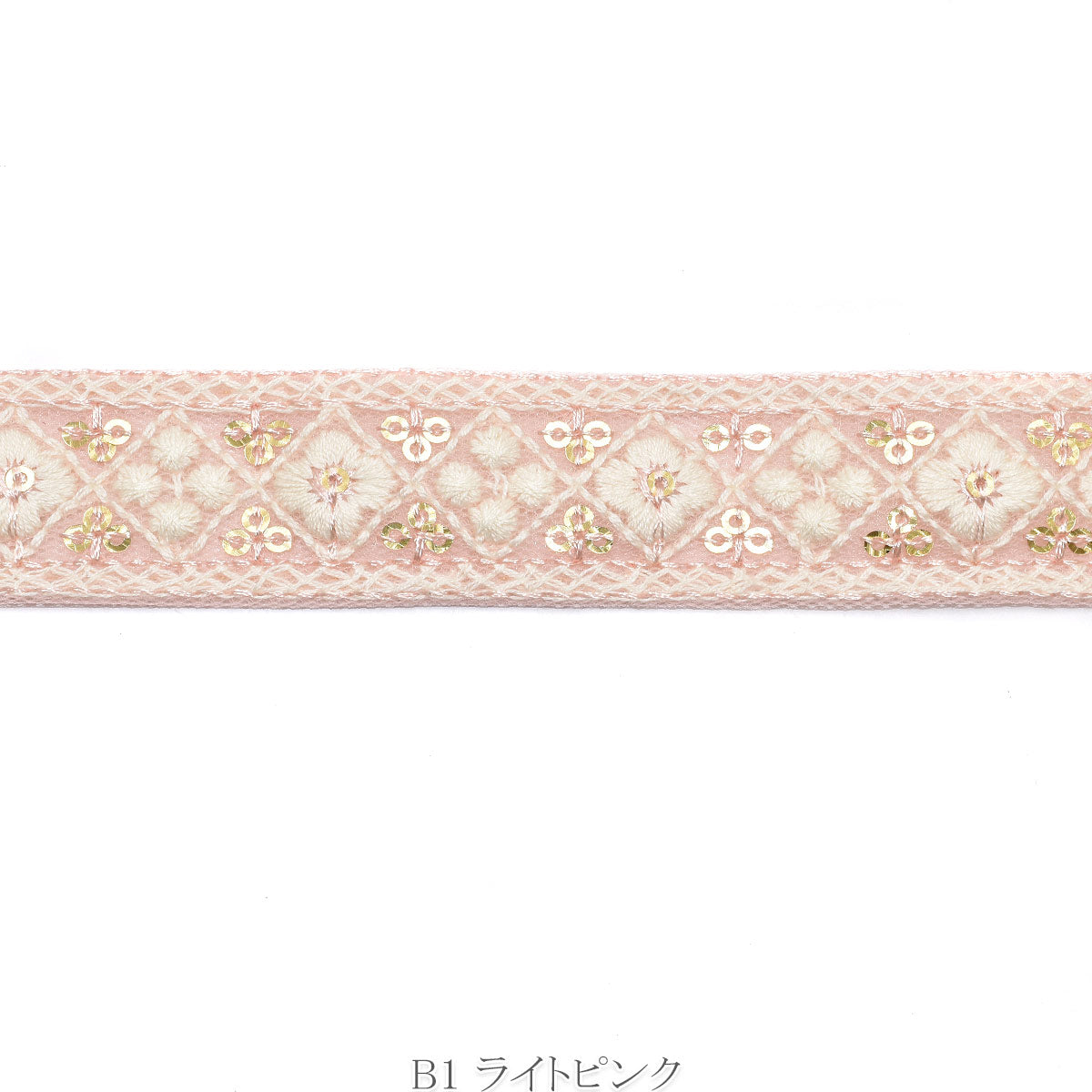 インド刺繍リボン　スパンコールとお花のひし形タイルリボン　幅25mm　10cm単位　切り売り　(30cm以上)