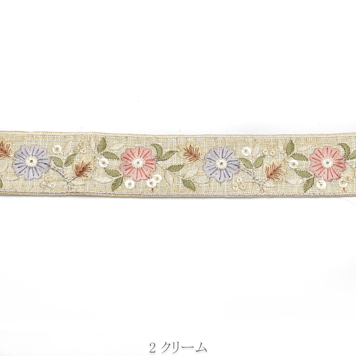 インド刺繍リボン　ゴールドスパンコール付き優雅な花柄刺繍リボン　幅30mm　10cm単位　切り売り　(30cm以上)