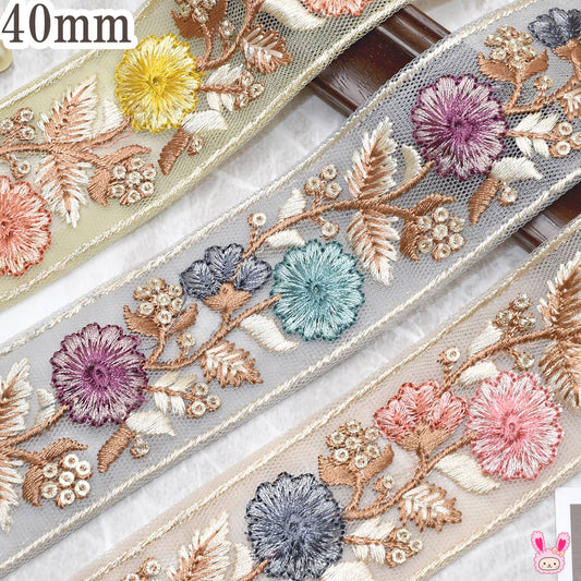 インド刺繍リボンミニスパンコールとウェーブフラワー刺繍リボン幅40mm10cm単位切り売り(30cm以上)