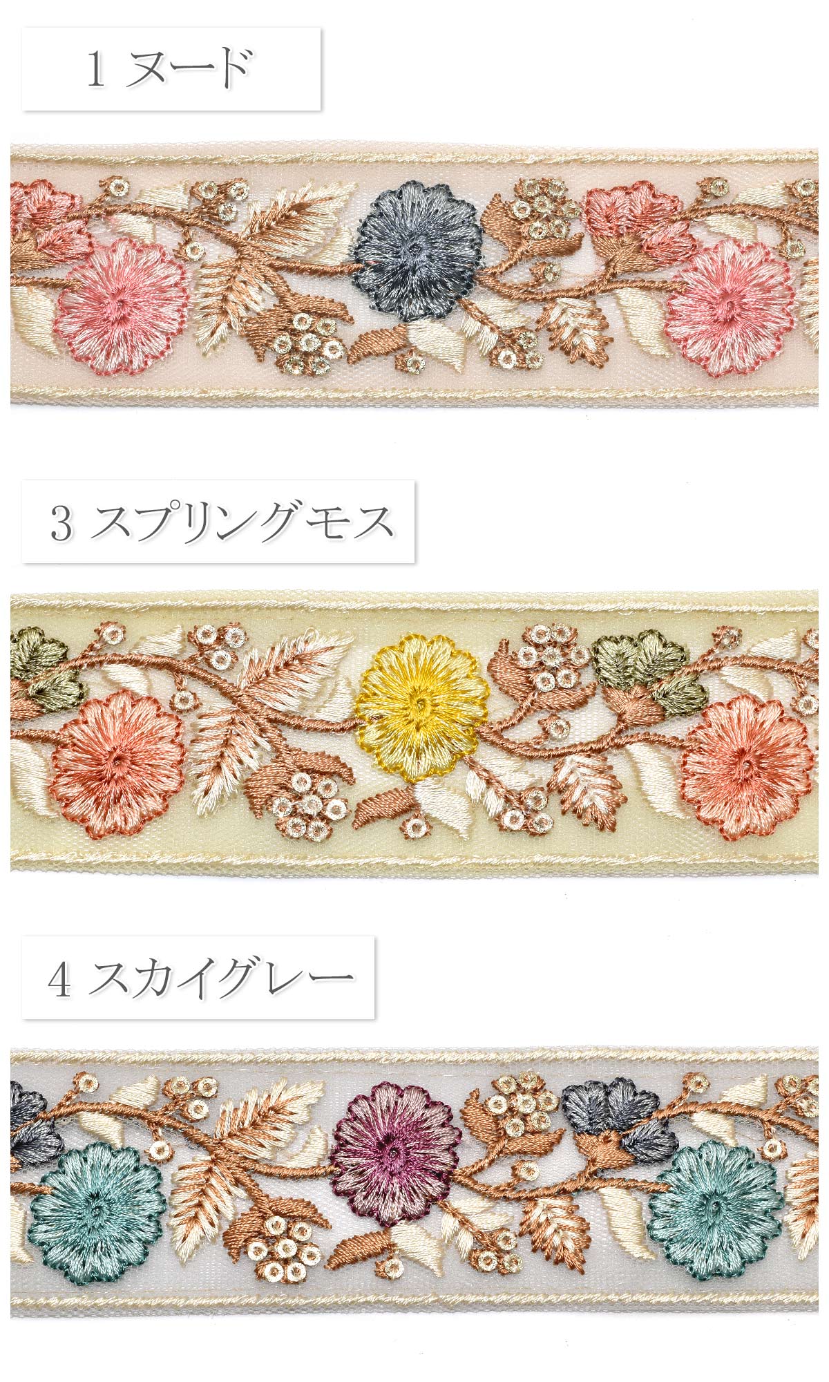 インド刺繍リボンミニスパンコールとウェーブフラワー刺繍リボン幅40mm10cm単位切り売り(30cm以上)