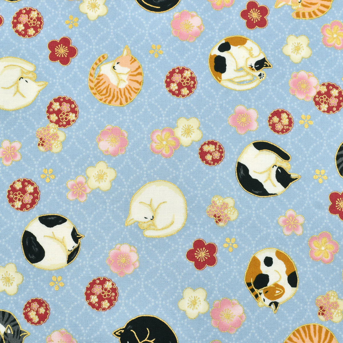 ねこの花眠り　シーチング生地　 HR3550-12　キルトゲイト　(30cm以上10cm単位切り売り)☆