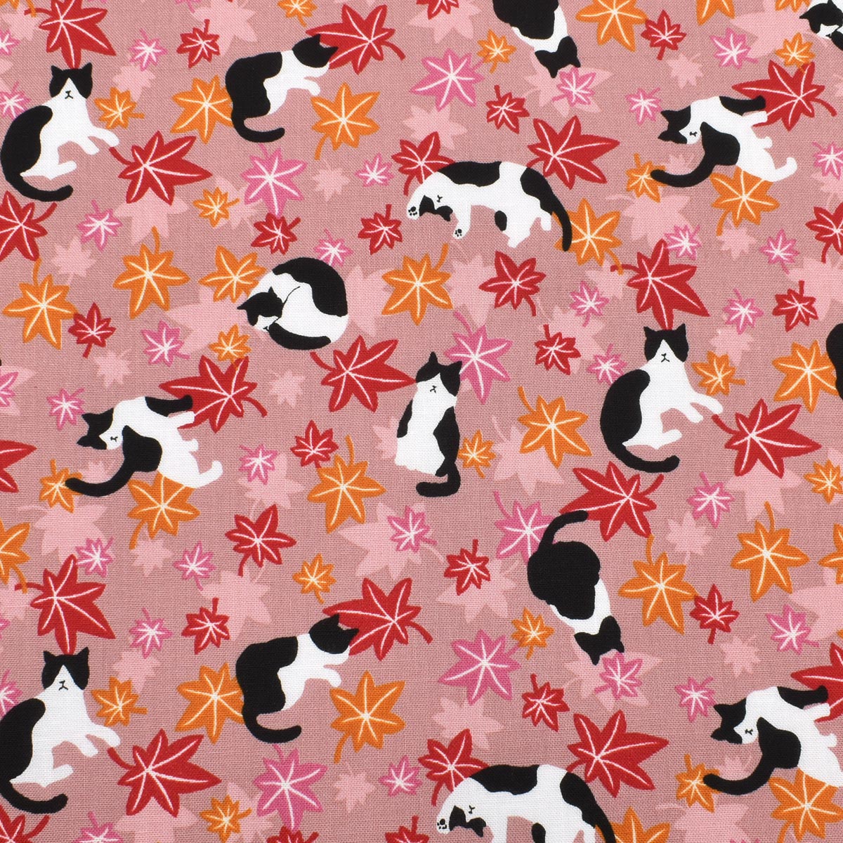 にゃんこの紅葉日和　シーチング生地　 AP55902-1　コスモ　(30cm以上10cm単位切り売り)