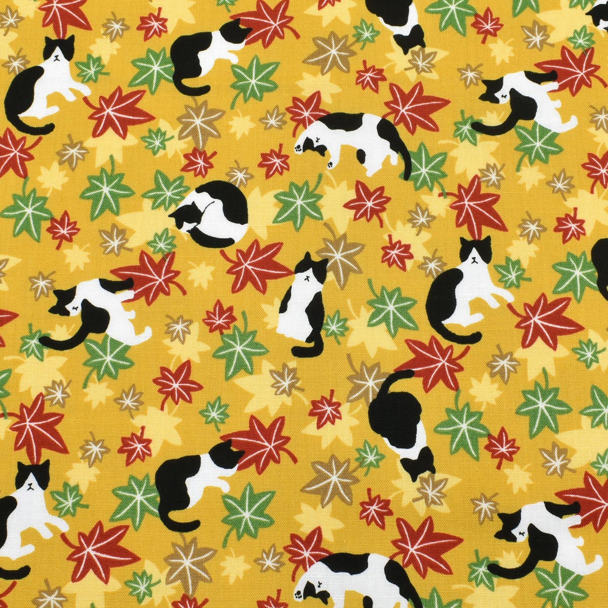 にゃんこの紅葉日和　シーチング生地　 AP55902-1　コスモ　(30cm以上10cm単位切り売り)