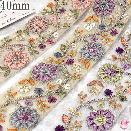 インド刺繍リボンラメ糸バイカラーのお花とミニリーフ刺繍リボン幅40mm10cm単位切り売り(20cm以上)