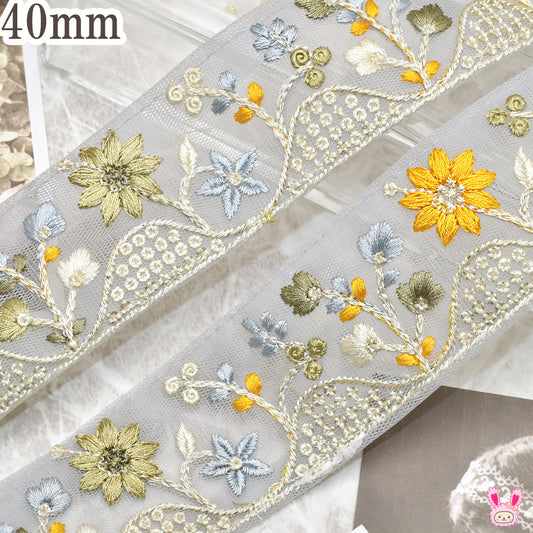 インド刺繍リボンスパンコール付きメルヘンガーデン刺繍リボン幅40mm10cm単位切り売り(20cm以上)