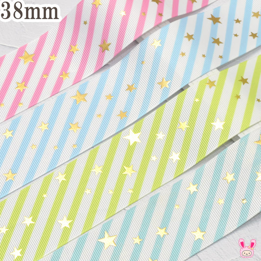 箔押しキラキラスターのストライプリボン幅38mm1m単位切り売り(2m以上)