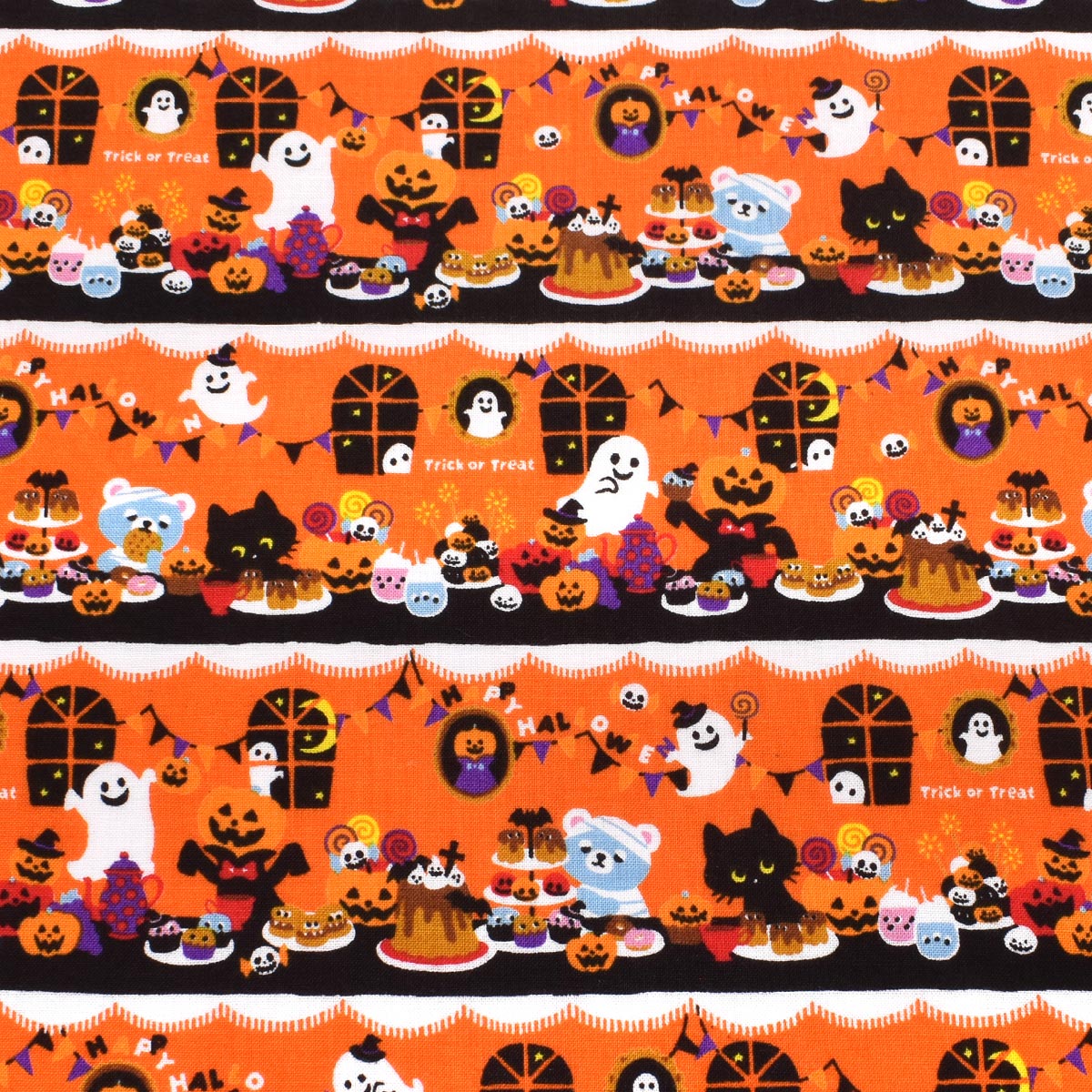 ハロウィンパーティのボーダー　シーチング生地　 AP45101-3　コスモ　(30cm以上10cm単位切り売り)