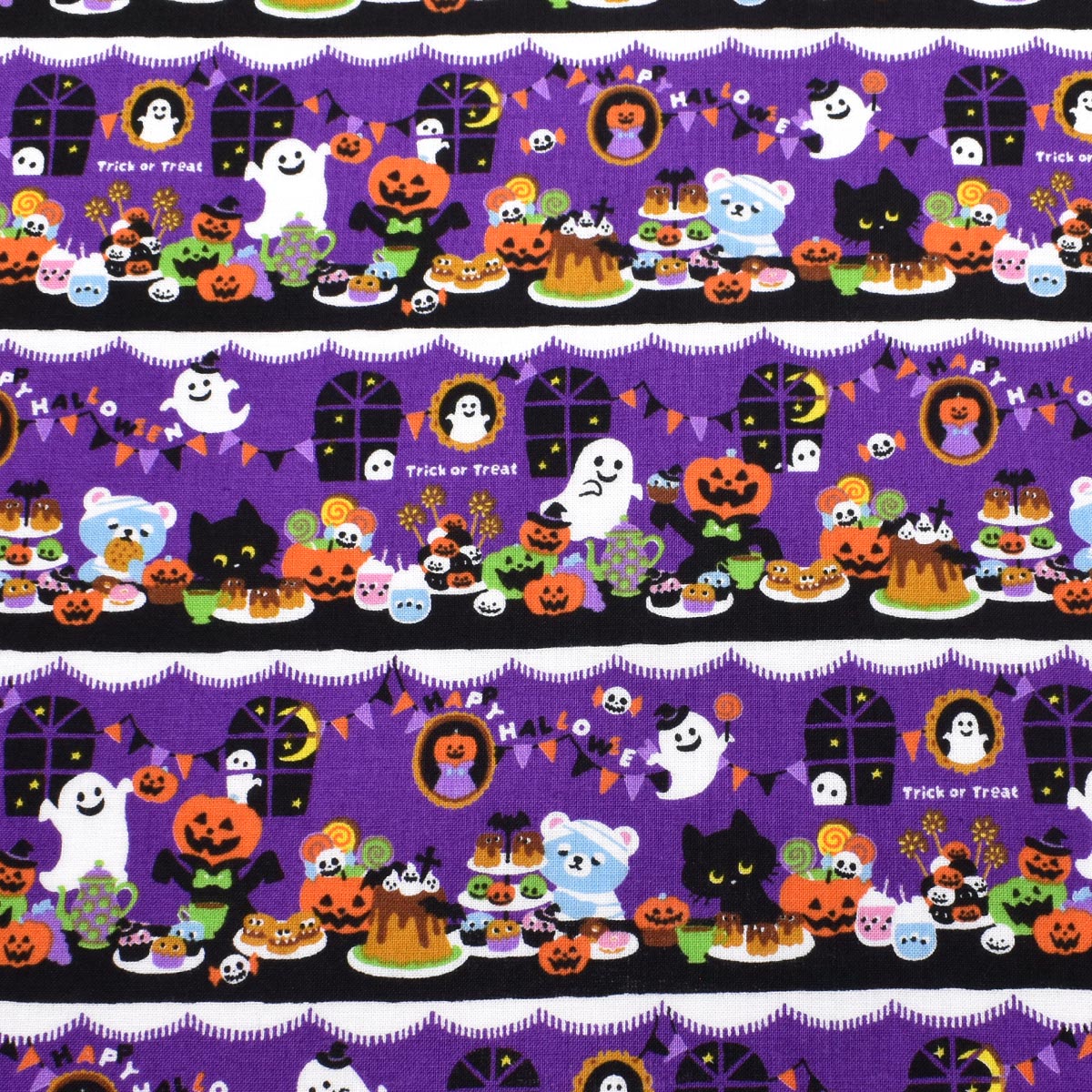 ハロウィンパーティのボーダー　シーチング生地　 AP45101-3　コスモ　(30cm以上10cm単位切り売り)