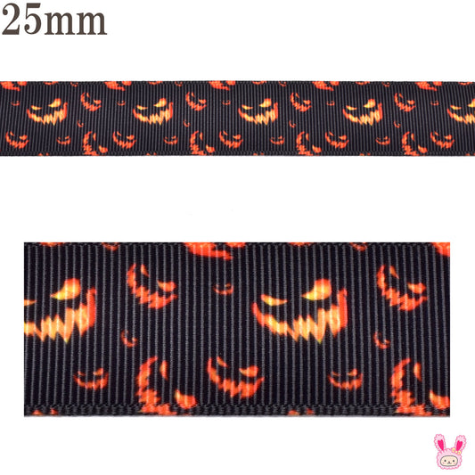 プリントリボンハロウィン闇で笑うおばけカボチャリボン幅25mm1m単位切り売り(3m以上)